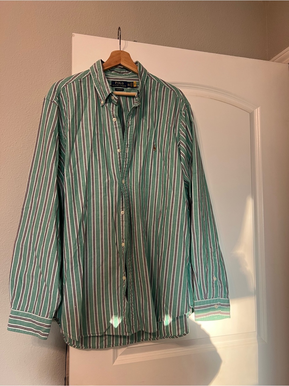 Ralph Lauren Green White Navy Vertical Stripe Button-Down Shirt